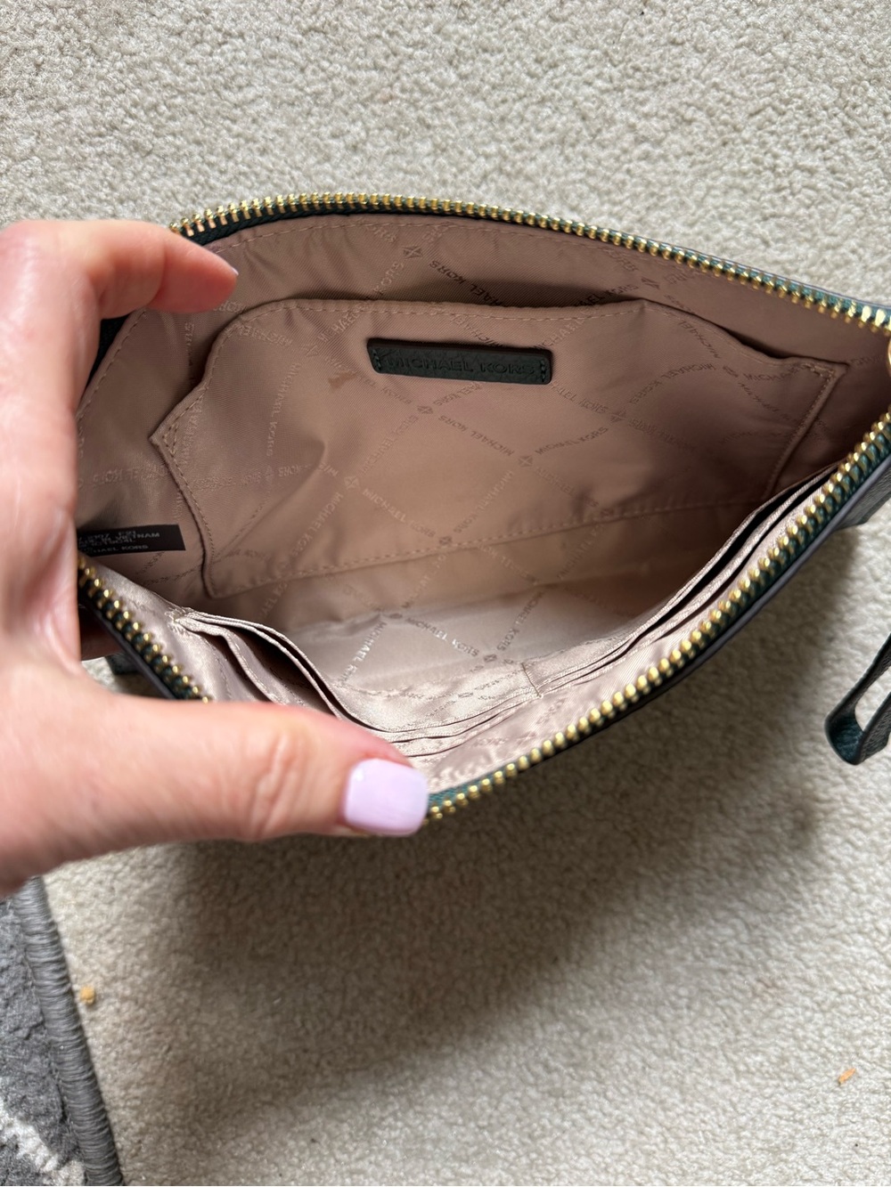 Michael Kors Dark Green Pebbled Leather Wristlet Clutch with Gold Hardware - Picture 3 of 5